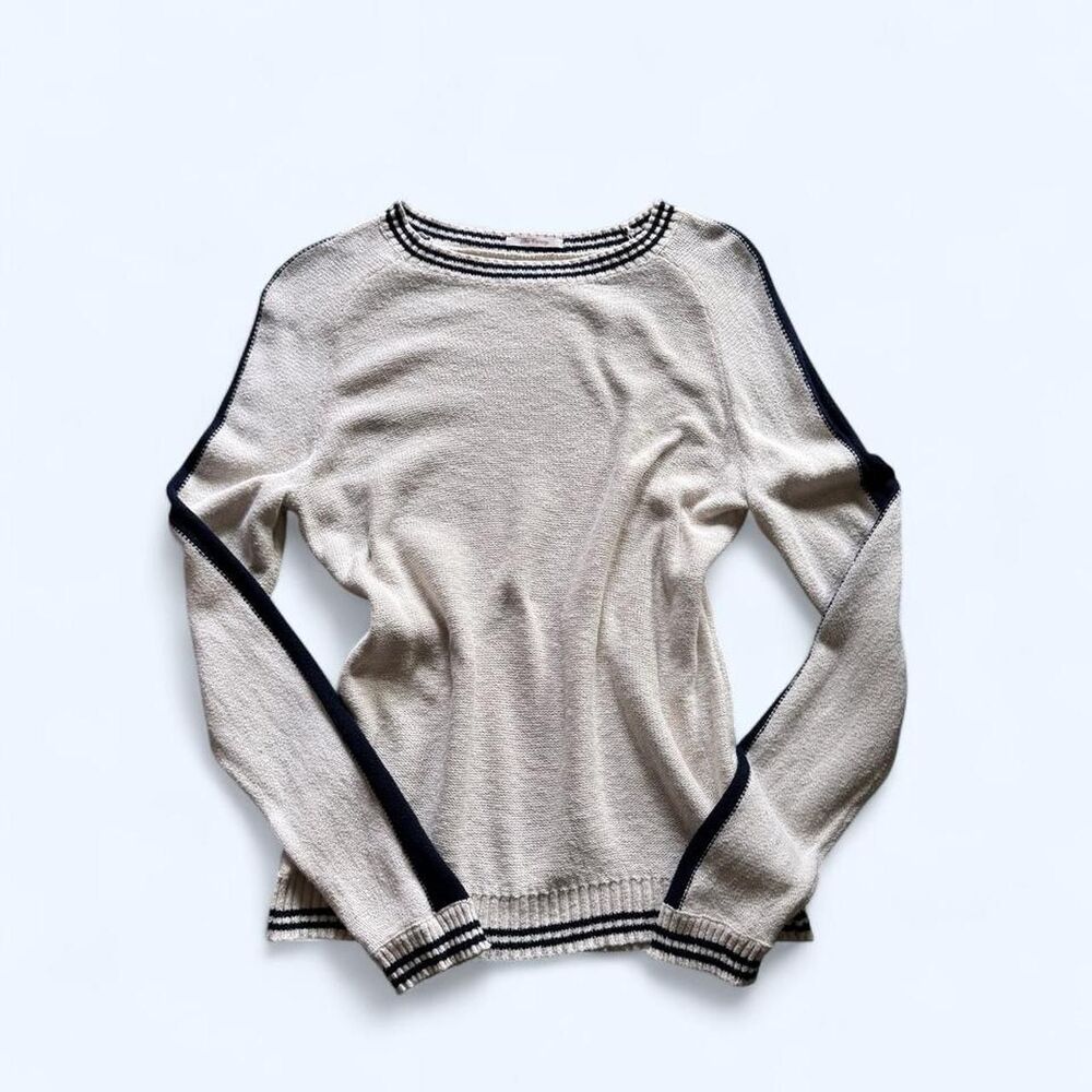 Gant Women's Cream and Navy Striped Lightweight Cotton Knit Sweater